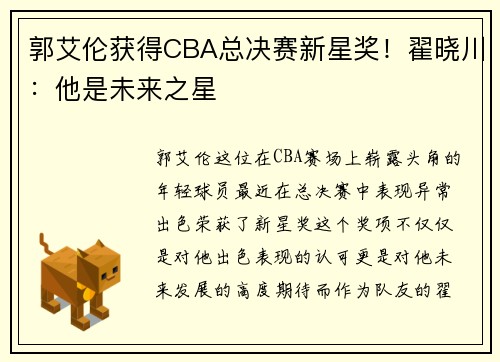 郭艾伦获得CBA总决赛新星奖！翟晓川：他是未来之星