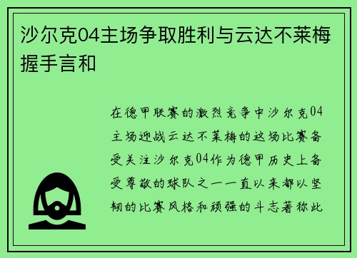 沙尔克04主场争取胜利与云达不莱梅握手言和