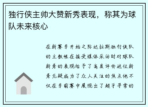 独行侠主帅大赞新秀表现，称其为球队未来核心