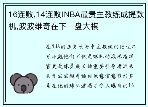 16连败,14连败!NBA最贵主教练成提款机,波波维奇在下一盘大棋