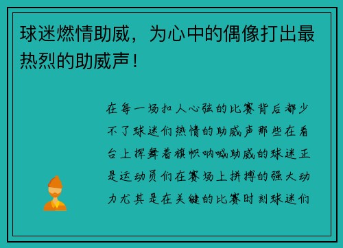 球迷燃情助威，为心中的偶像打出最热烈的助威声！