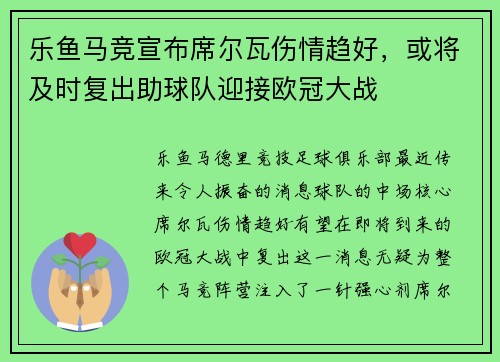 乐鱼马竞宣布席尔瓦伤情趋好，或将及时复出助球队迎接欧冠大战